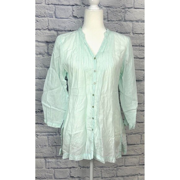 Eileen Fisher Petite Turquoise PM Linen Gauze Pintuck Button Front Long Sleeve - Picture 3 of 12